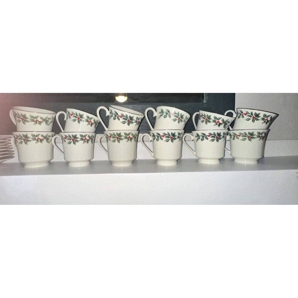 Baum Brothers “Holly” 12 Porcelain Christmas Teacups 6oz & 8 Saucers China